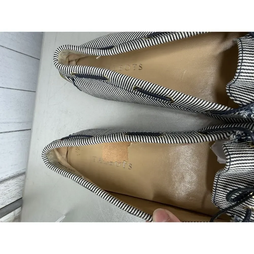 Talbots Boat Shoes Loafer Navy & White Striped Canvas & Leather Trim Sz 8.5